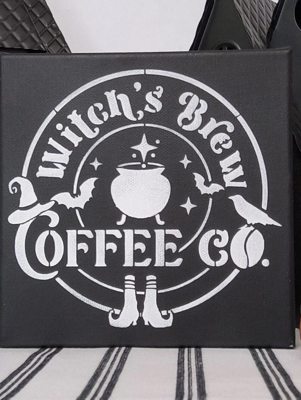 Witches Brew Coffee Co Painted Canvas Sign 6x6 Halloween Coffee Bar Stencil Art